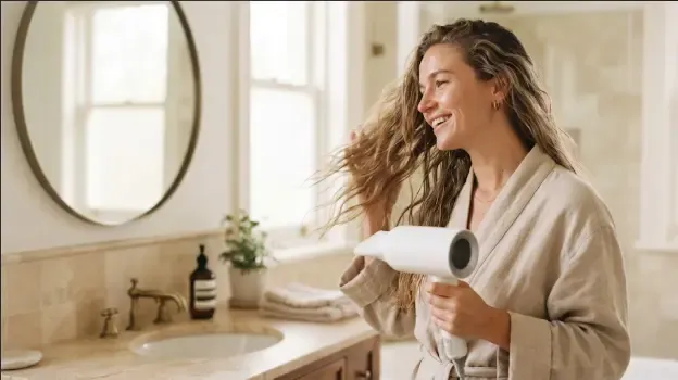 Mujer secándose el pelo con un secador iónico para reducir el encrespamiento