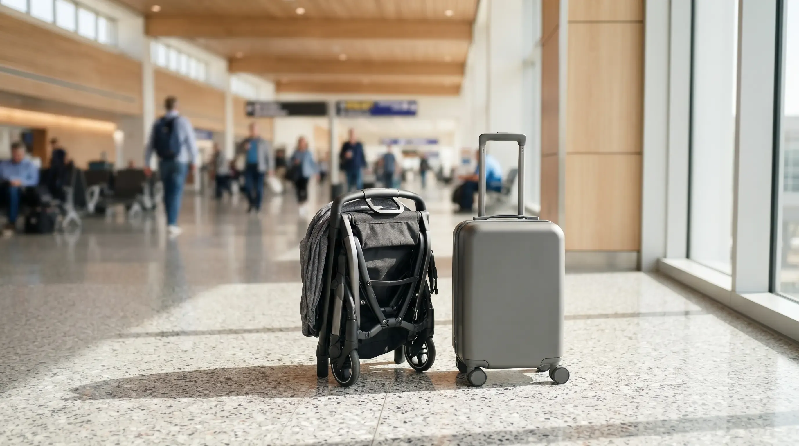 Silla de paseo ultracompacta plegada junto a una maleta de cabina en un aeropuerto