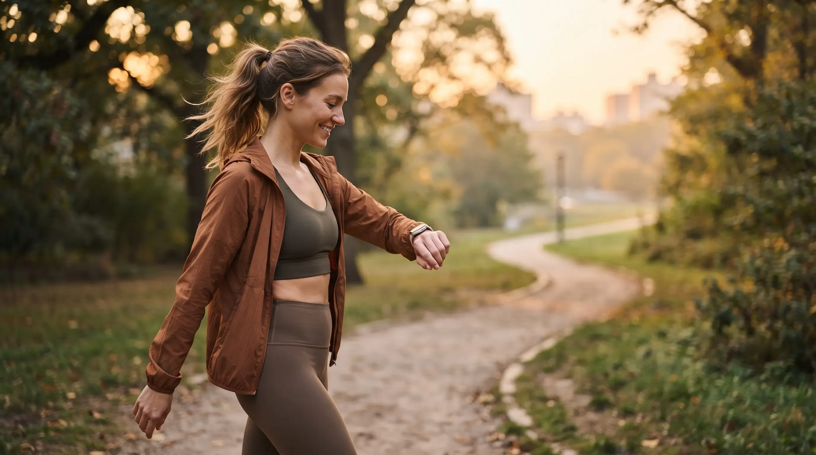 Mujer consultando su smartwatch mientras camina al aire libre