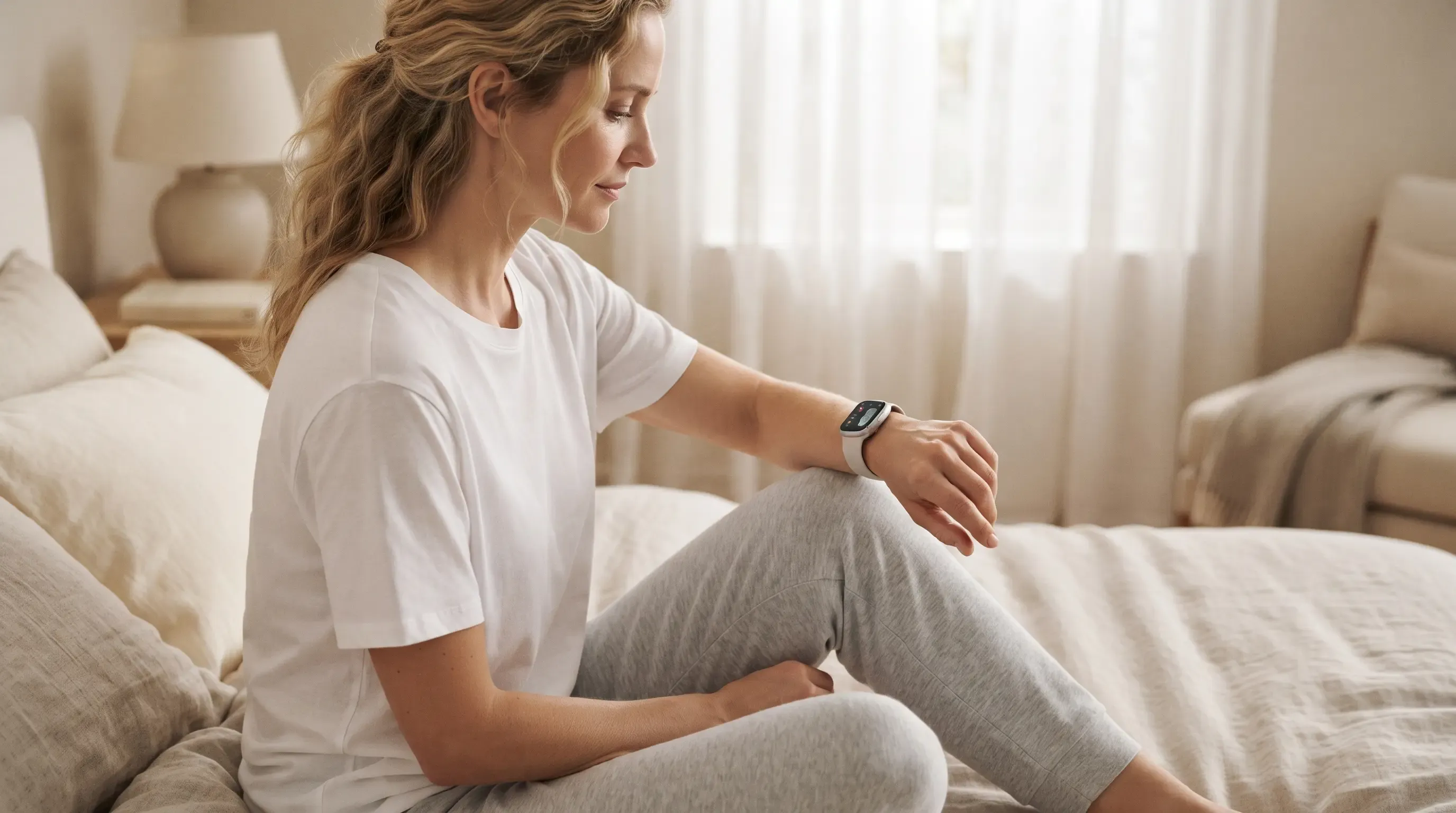 Mujer revisando datos de sueño y estrés en su smartwatch por la mañana