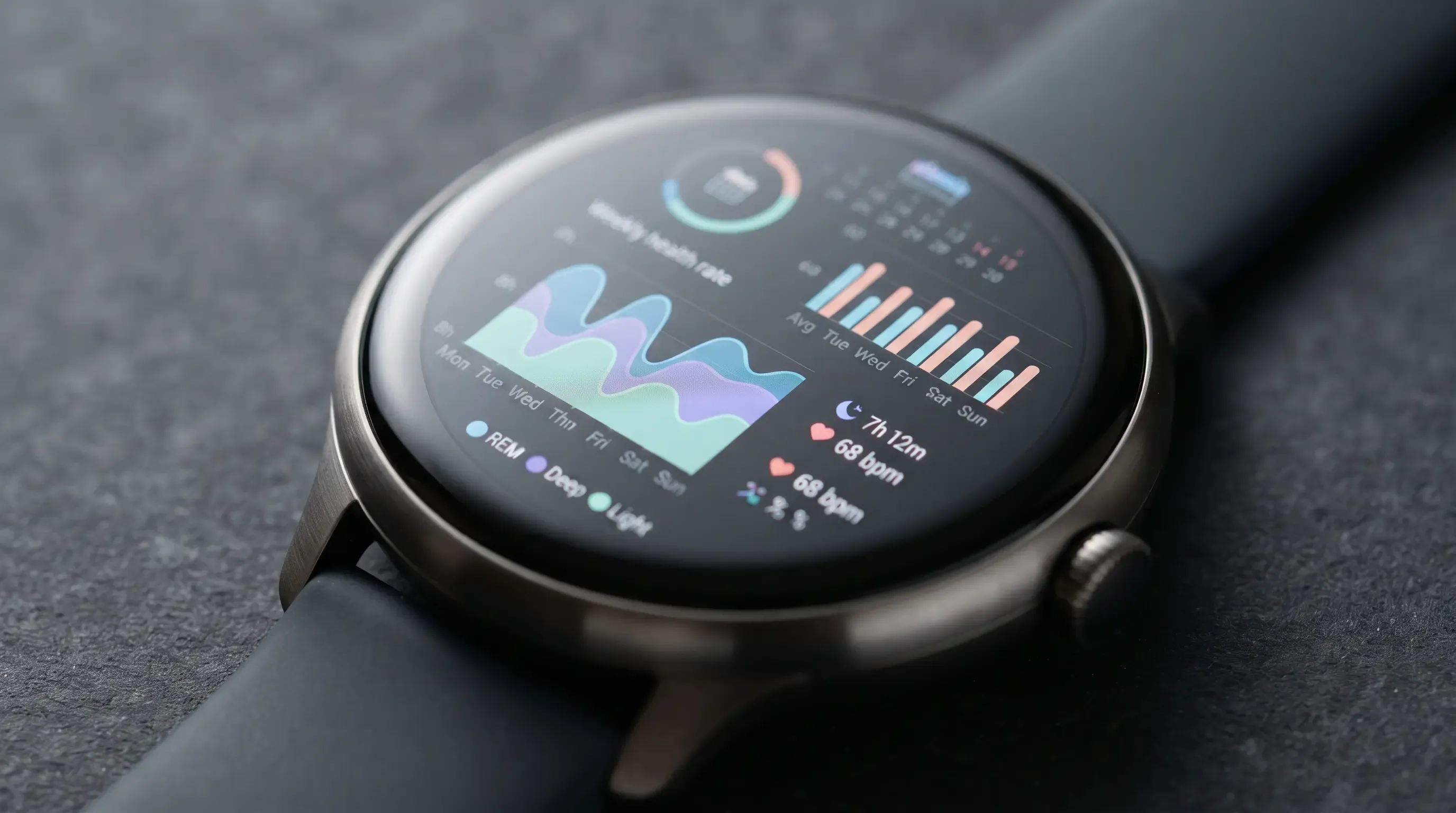 Gráfico semanal de sueño y frecuencia cardíaca en la pantalla de un smartwatch
