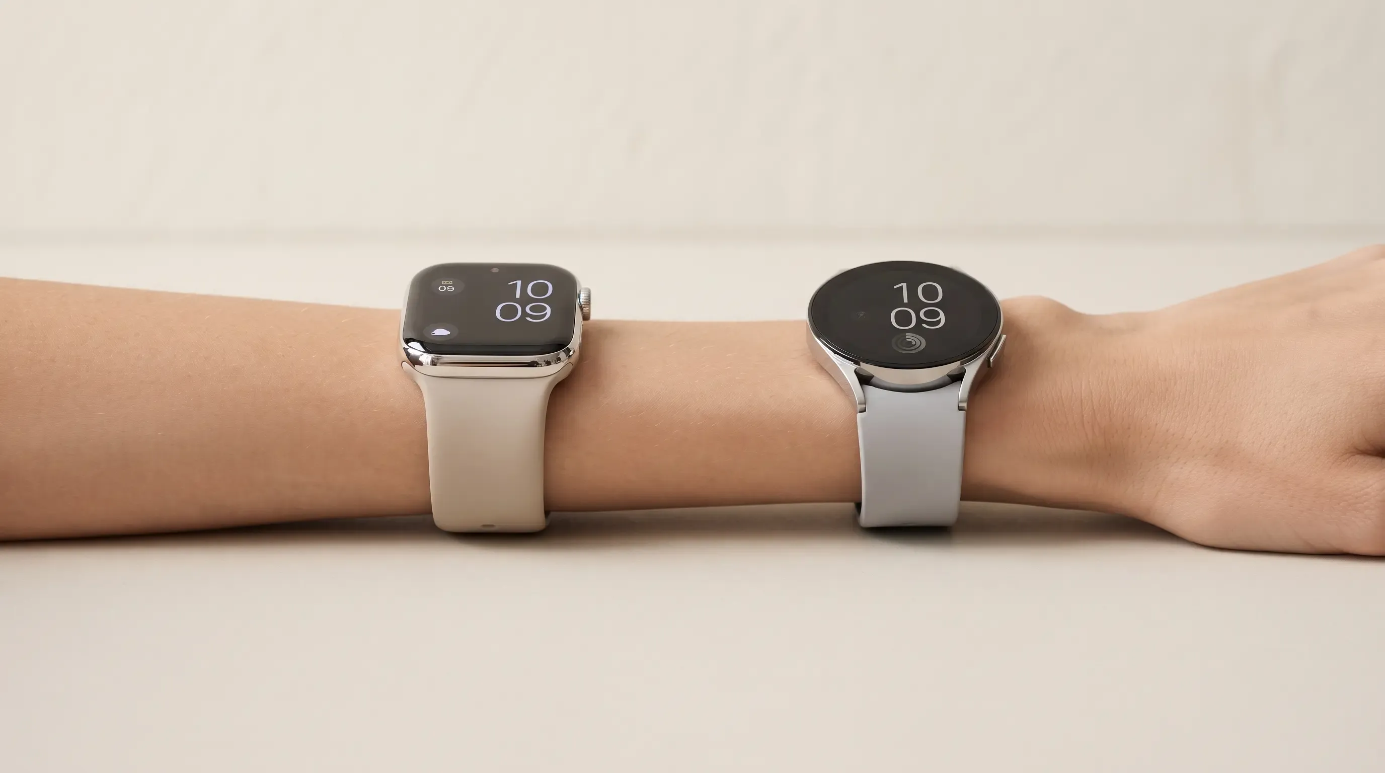 Comparativa visual entre un Apple Watch y un smartwatch de Android en la misma muñeca