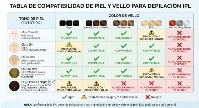 Tabla de compatibilidad de piel y vello para IPL