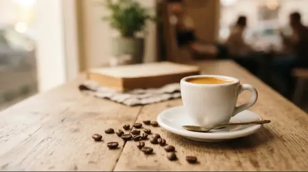 Taza de espresso recién preparado sobre una mesa de madera junto a granos de café