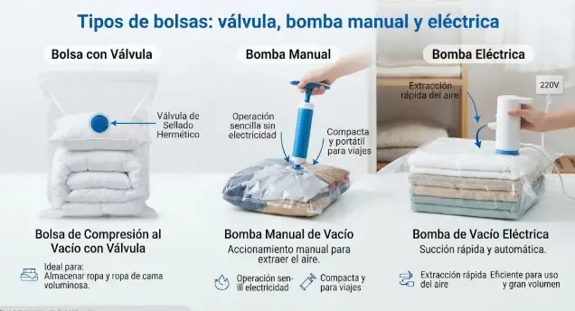 Tres tipos de bolsas de vacío sobre suelo de madera clara