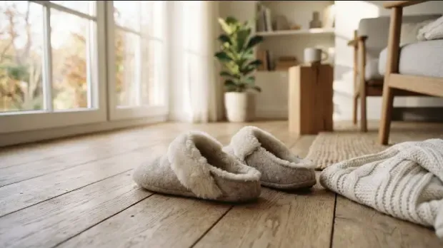 Zapatillas de casa de borreguito y viscoelástica en un suelo de madera junto a una manta